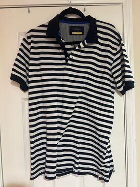 Men's Navy & White Striped Polo Shirt - Classic Cotton Blend